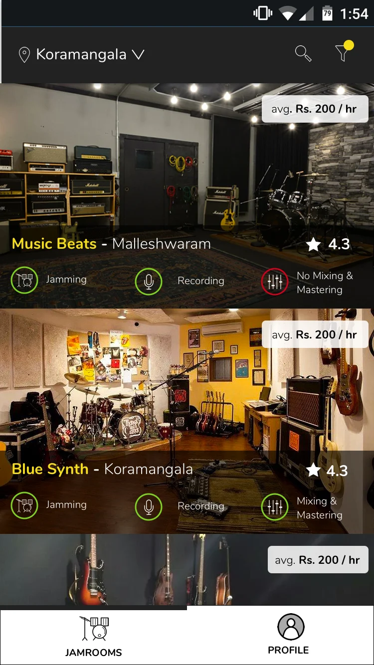 Home page with nearby jam rooms